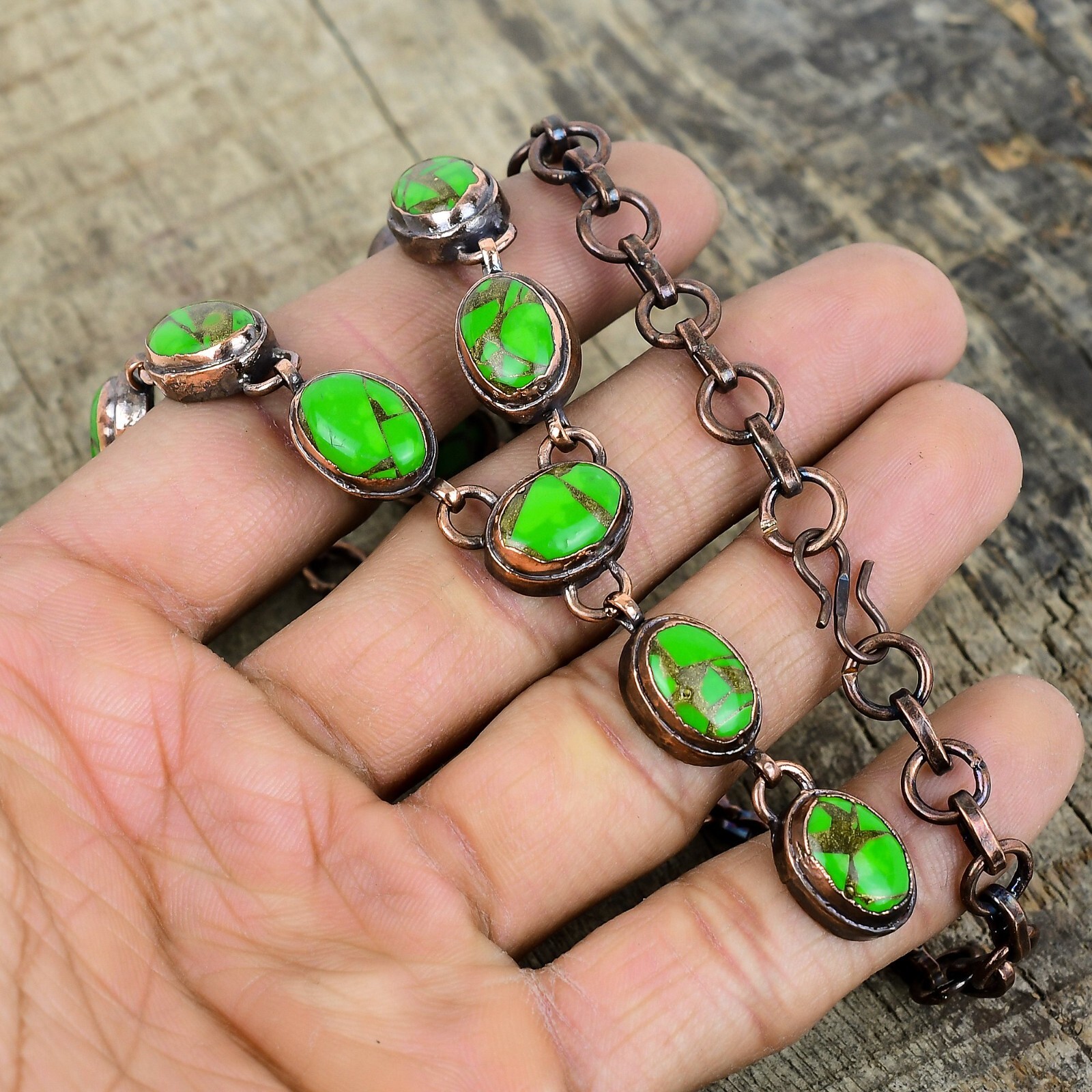 Valentines Deal Copper Green Turquoise Stone Chain Electroformed Necklace Copper