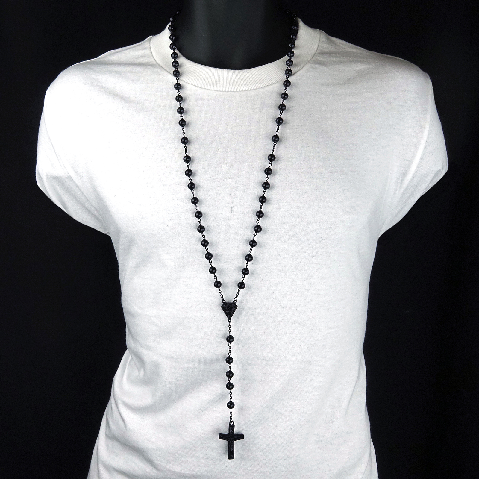 Men’s Hip Hop 8mm BLACK Beads D-Shape Rosary & Jesus Cross Necklace BK