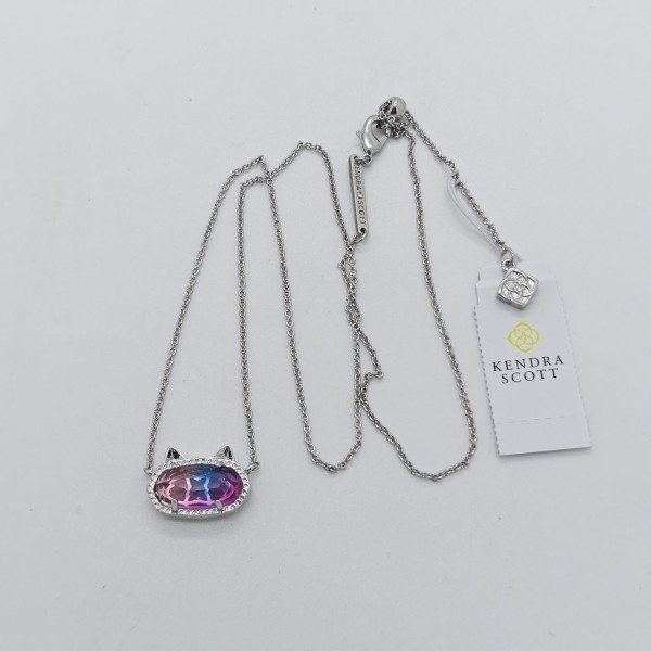 New Kendra Scott Elisa Silver Cat Kitty Pendant Necklace in Watercolor