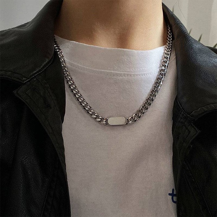 50cm Blank Bar Curb Chain Necklace Stainless Steel Silver Unisex Basic Pendant