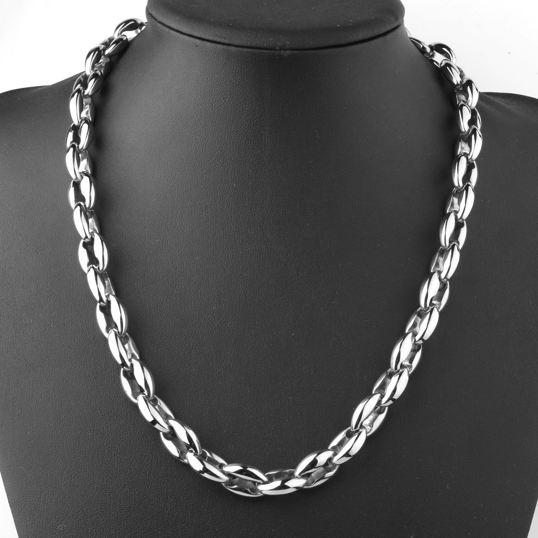 Huge Heavy Stainless Steel Silver Coffee Beans Chain Men Women Necklace 22″*12mm