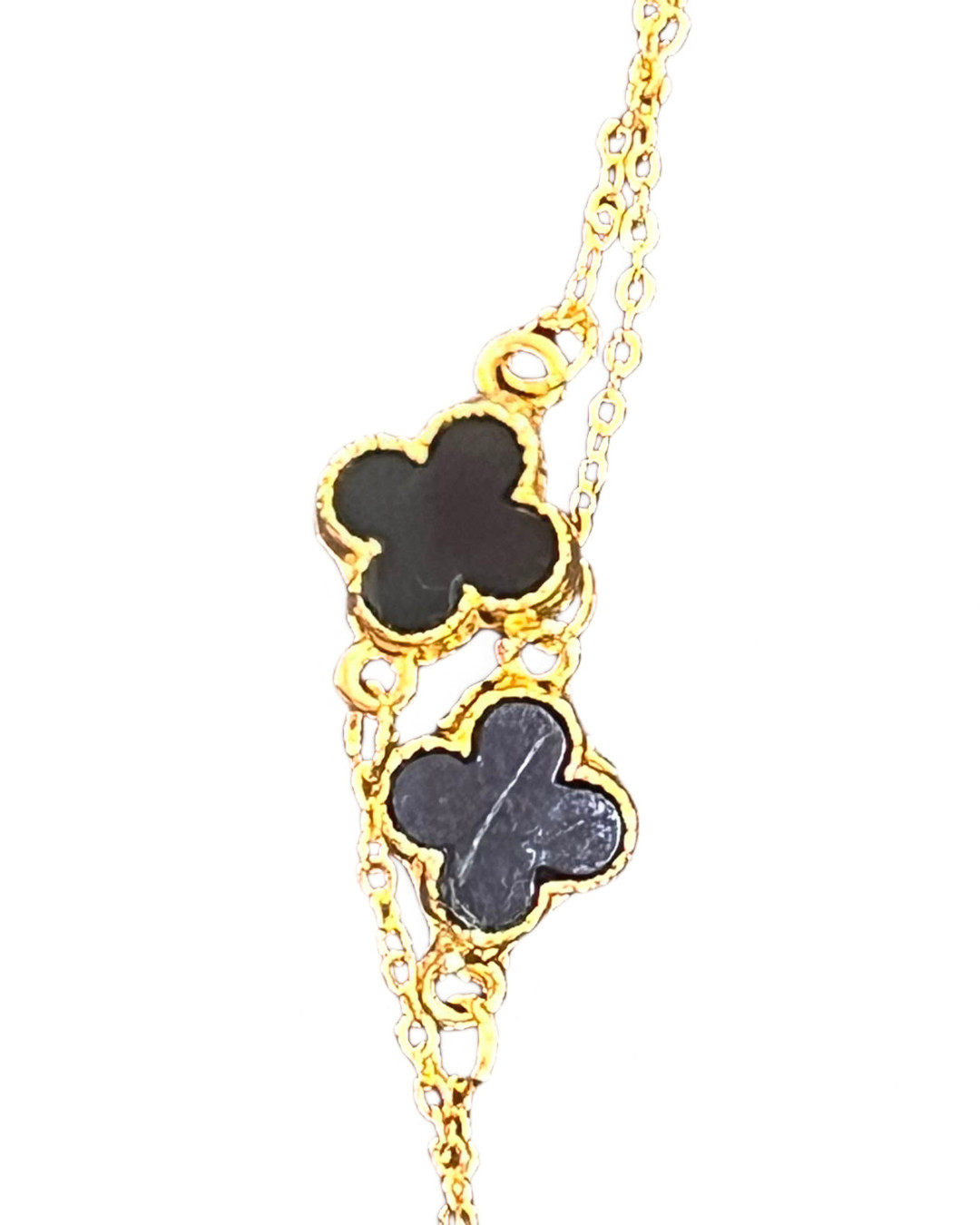 Gold Tone Clover Station Necklace 16 Black Motifs Long Layered Chain 65cm