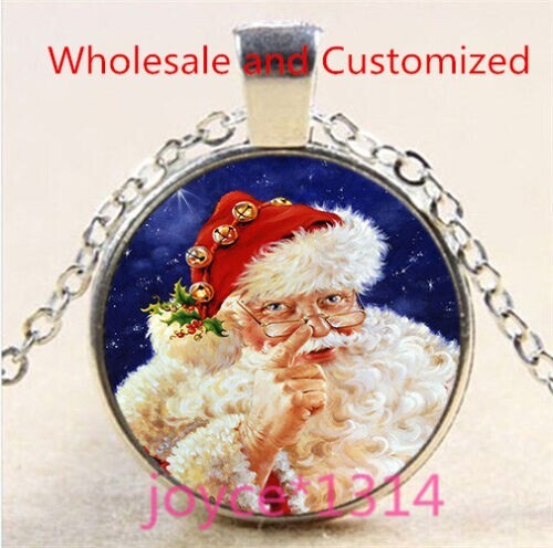 New! Christmas Santa Vintage Photo Cabochon Glass Silver Chain Pendant Necklace