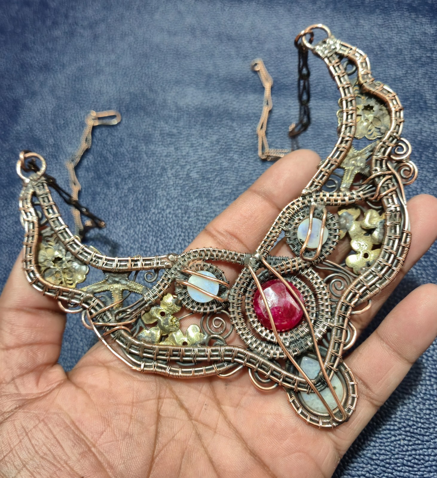 Faceted Kashmir Ruby & Moonstone Necklace Copper Wire Wrapped Necklace Jewelry