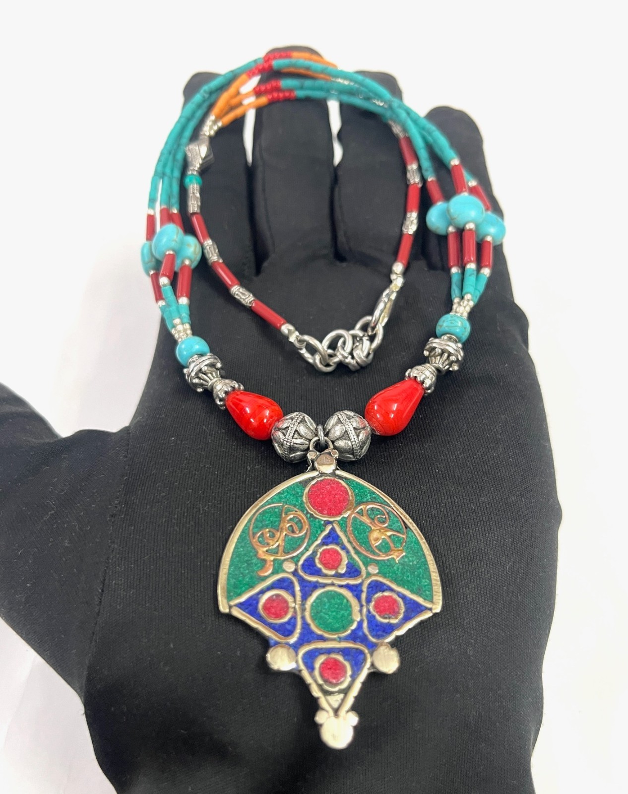 Malachite Turquoise Coral Gemstone Tibetan Pendant Necklace Jewelry, 18 Inc Adjs