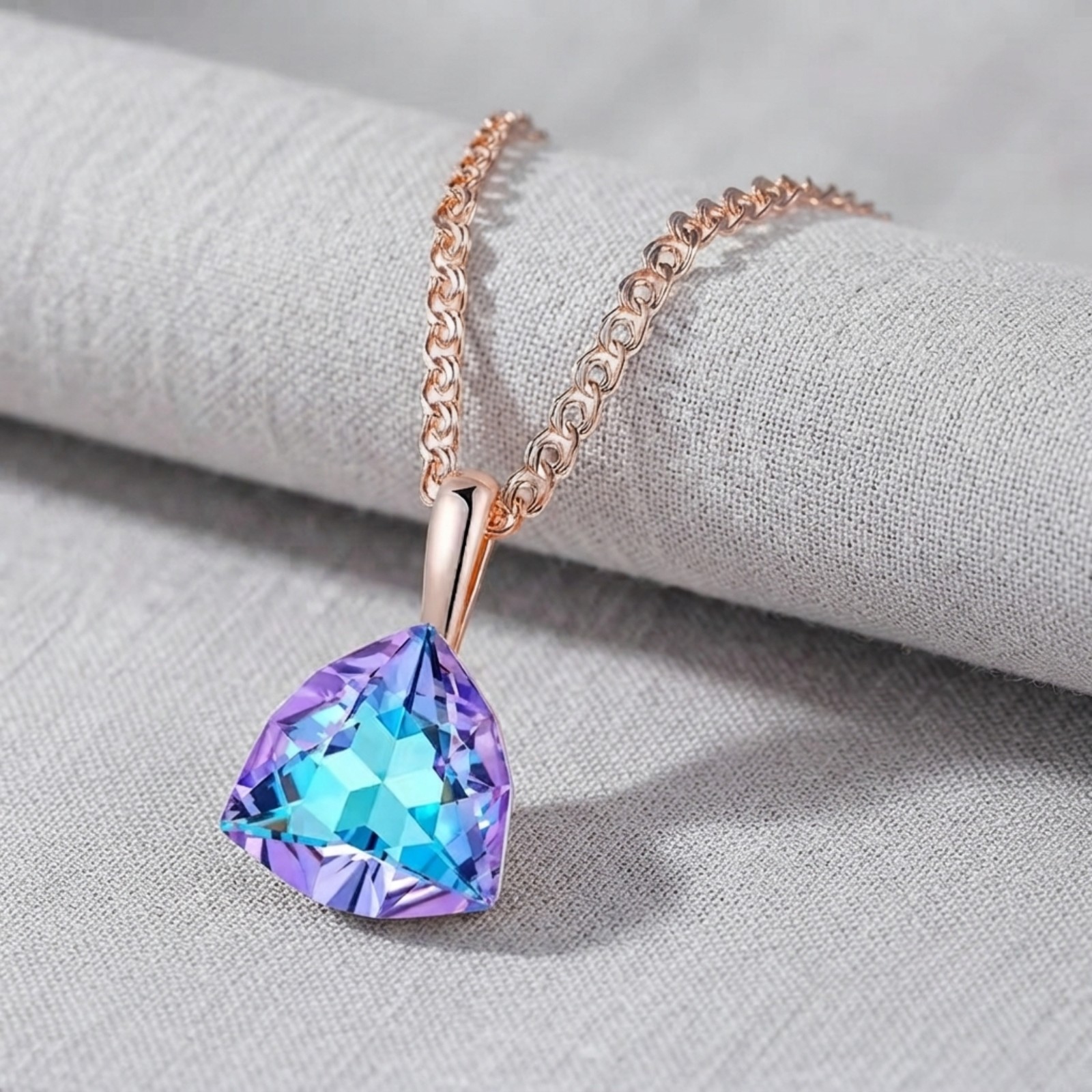 Bi Color Trillion Cut Necklace Rose Gold Cubic Zirconia Pendant Gift for Her
