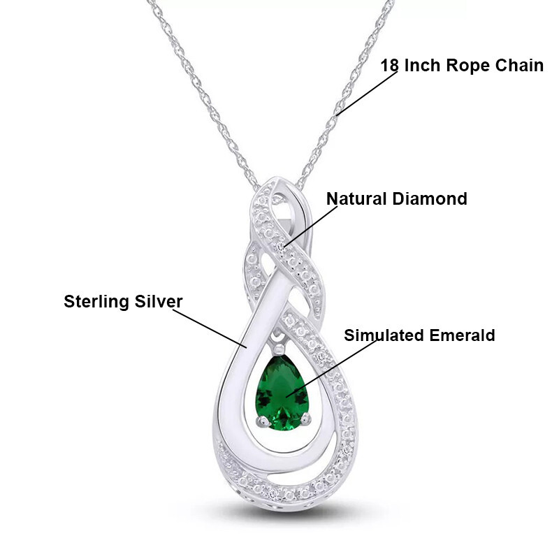 1/4 Ct Natural Diamond & Simulated Emerald Teardrop Pendant Necklace 925 Silver