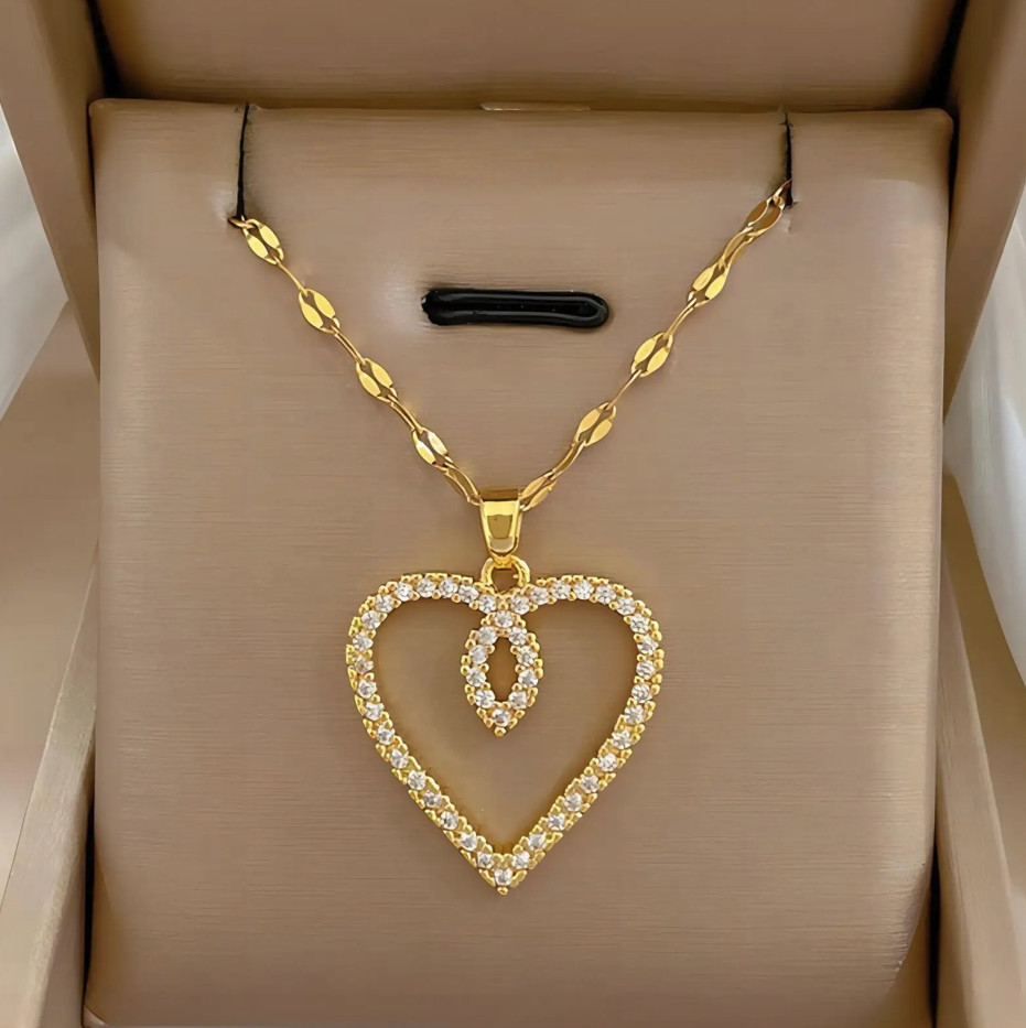 1pc Heart Zirconia Necklace Gold Color Stainless Steel O-Chain – NEW