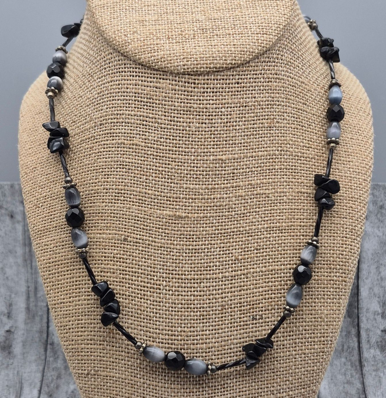 Black & Grey Beaded Collar Necklace Toggle Clasp 20″ Witchy Whimsigoth