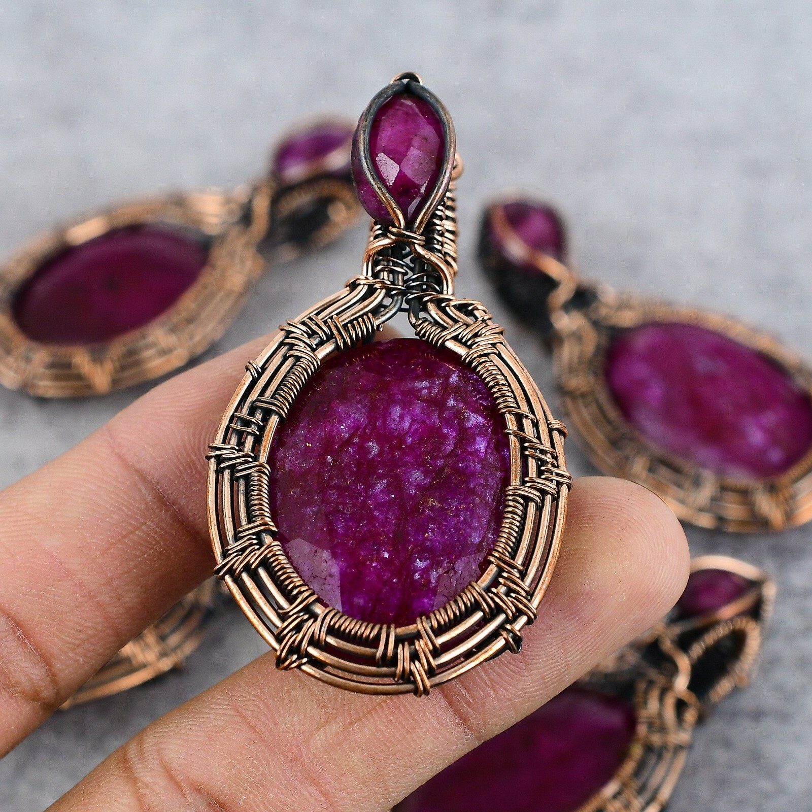 Simulated Kashmir Red Ruby Gemstone Copper Wire Wrap Handmade Pendant Jewelry