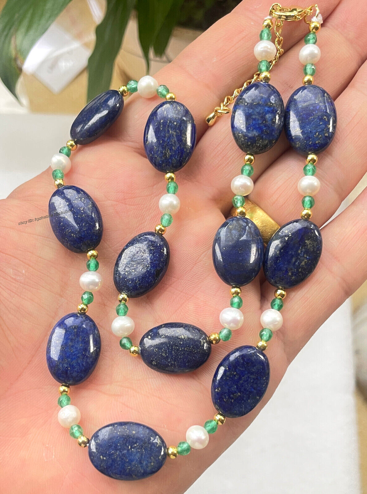 14-36″ 13x18mm Oval Blue Lapis Lazuli &White Pearl &Green Emerald Beads Necklace