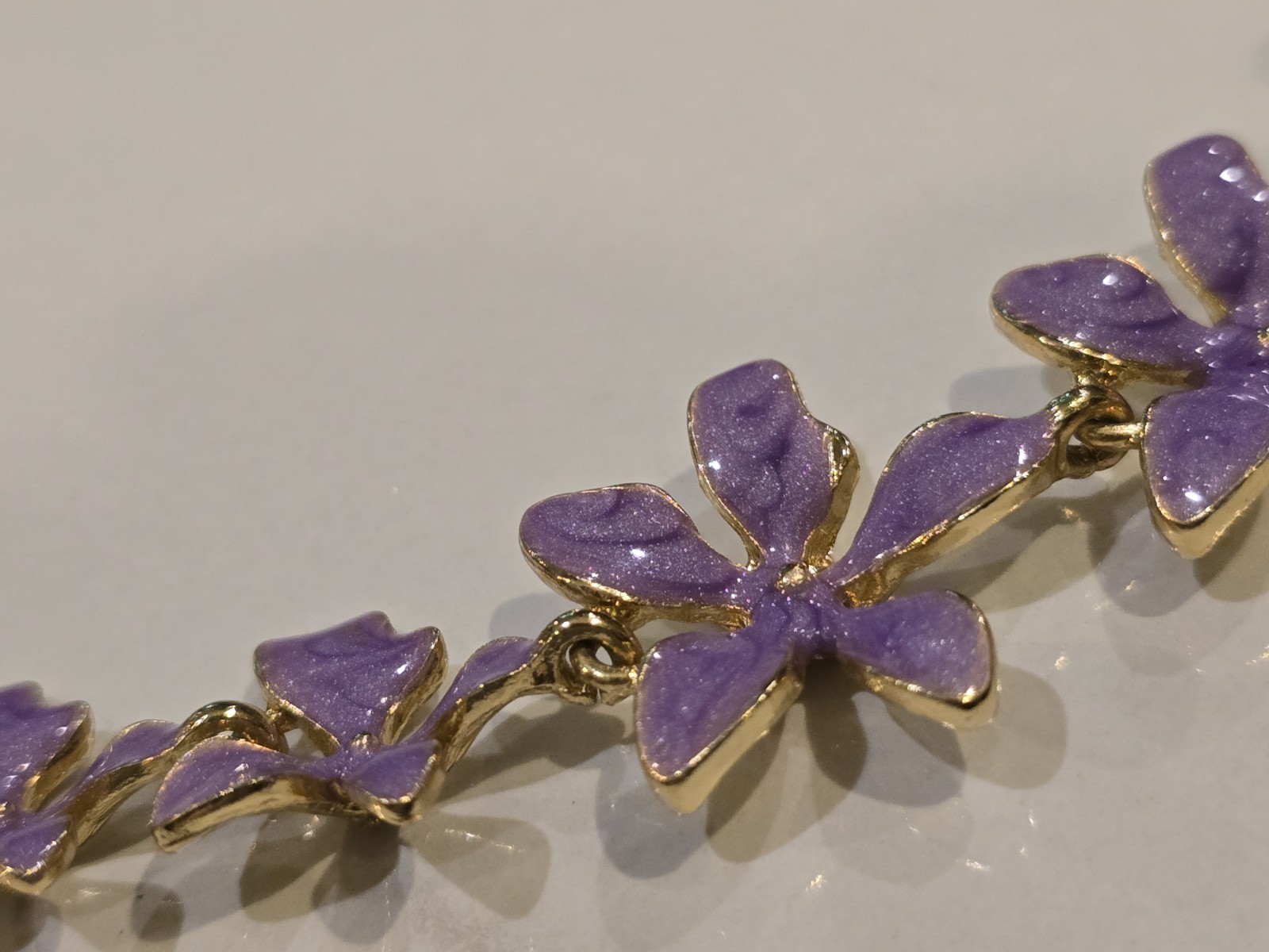 Lavender Enamel Flower Necklace Gold Tone Floral Statement Adjustable Purple
