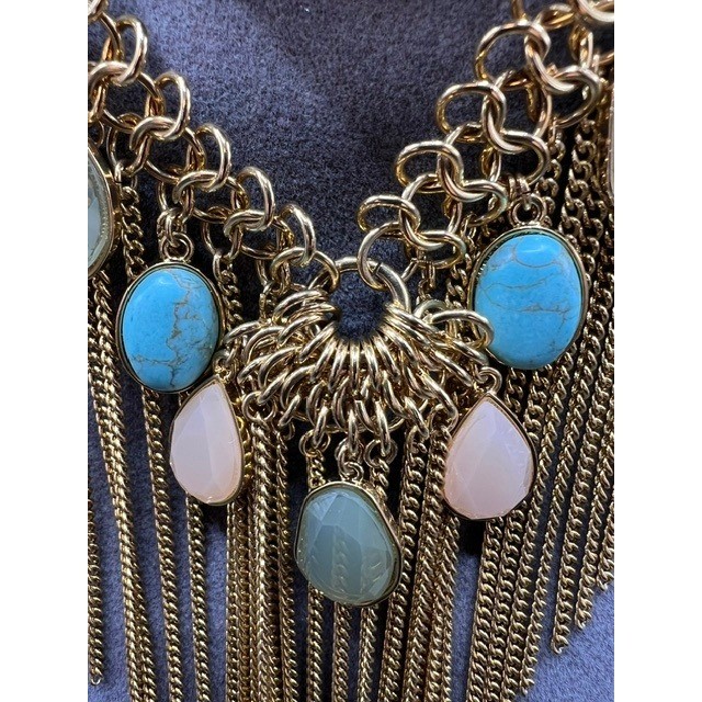 VTG CAROLEE Signed Chunky Gold Tone Chain Tassel Bib Southwestern Bohemian
