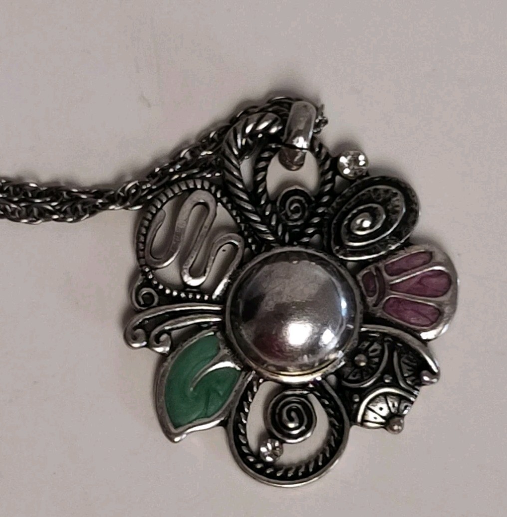 Large Floral Pendants on 24 Inch Silver Tone Necklaces Lot of 2