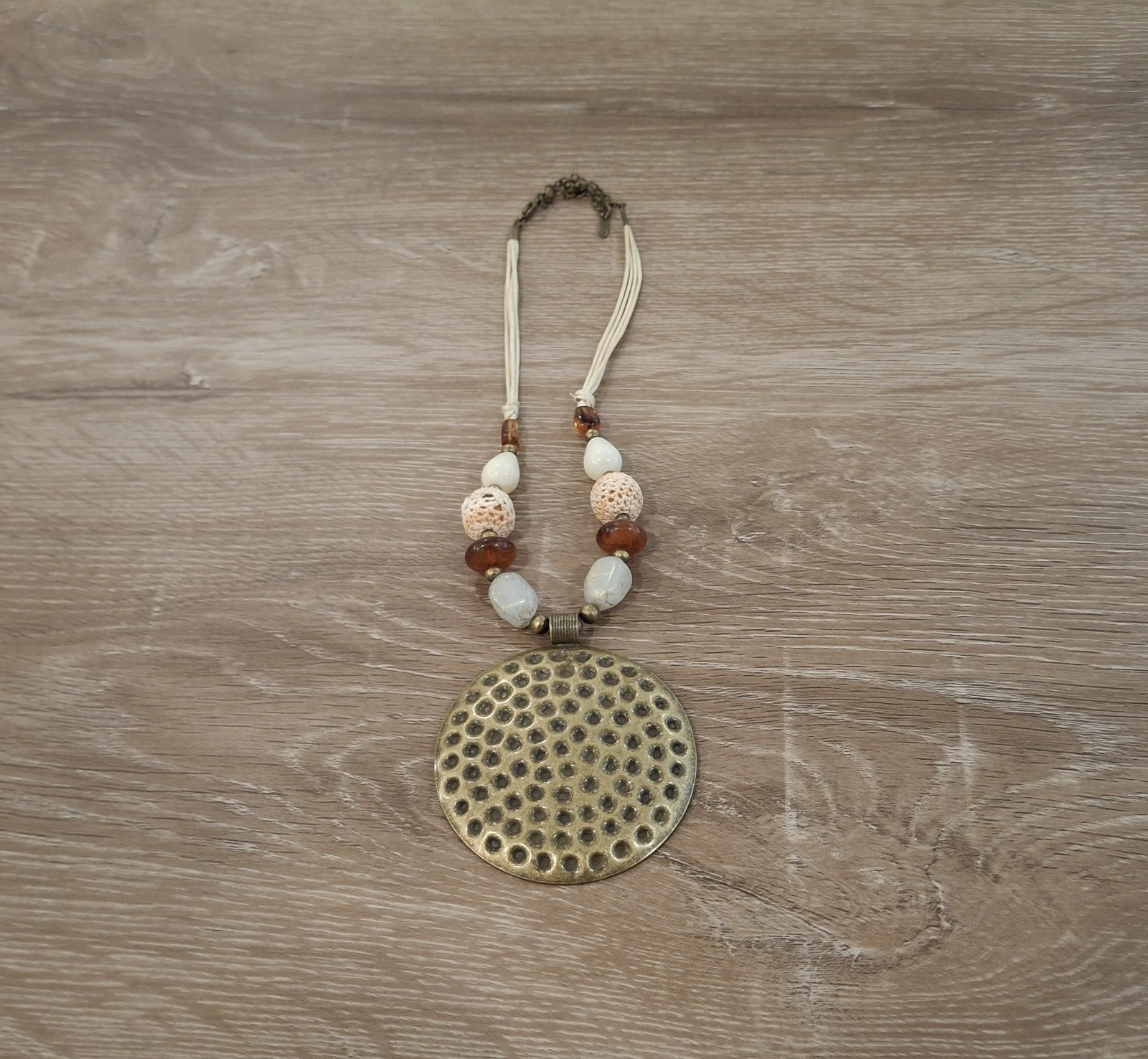 Boho Hammered Brass Tone Round Medallion Pendant Beaded Cord Necklace