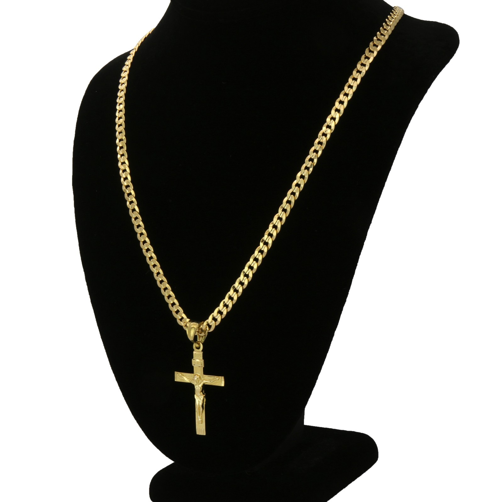 Mens 18k Gold Plated JESUS CROSS Hip-Hop Pendant 6mm Cuban Chain Necklace (S-4)
