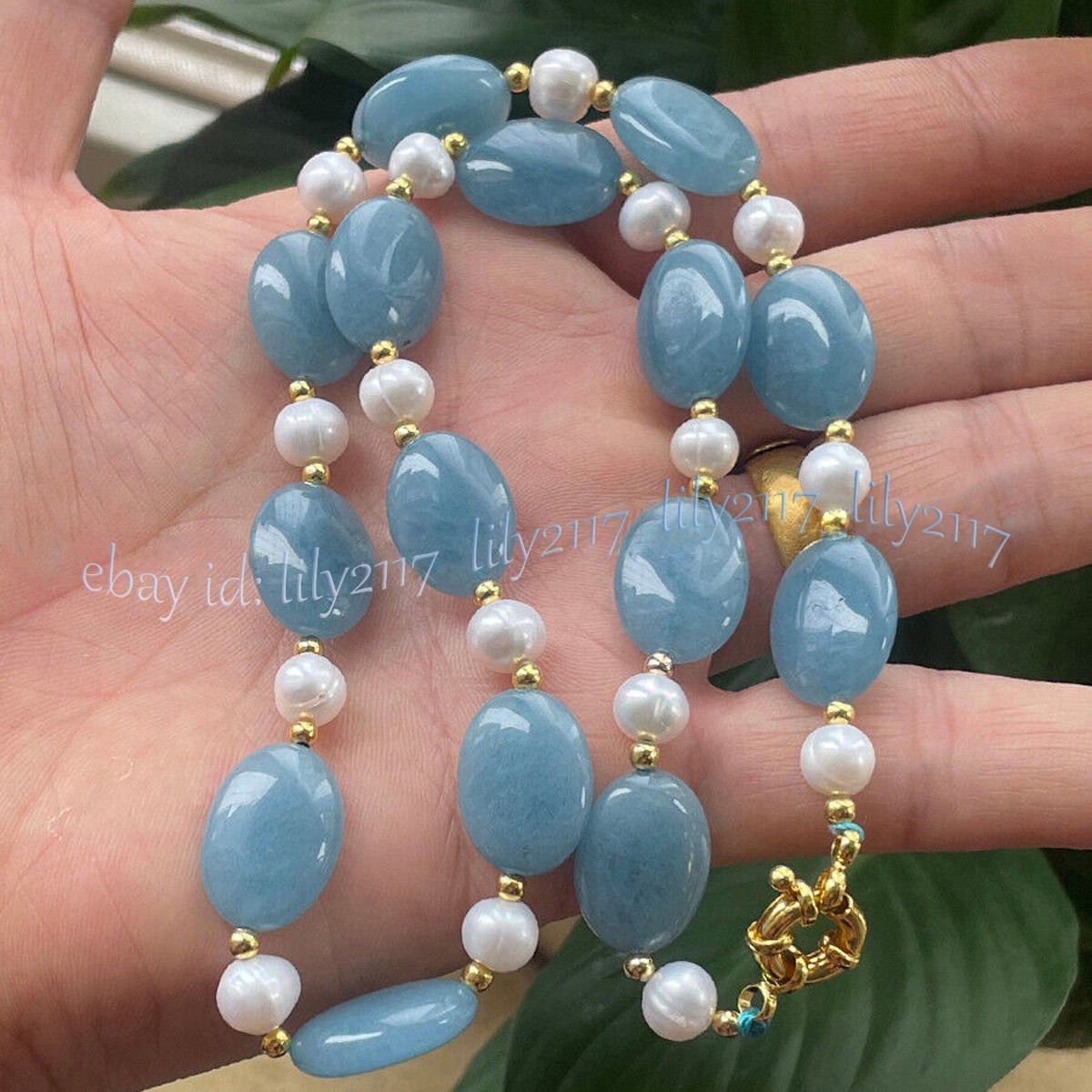 13x18mm Natural Blue Aquamarine Oval Gemstone White Pearl Necklace 14-48 inches