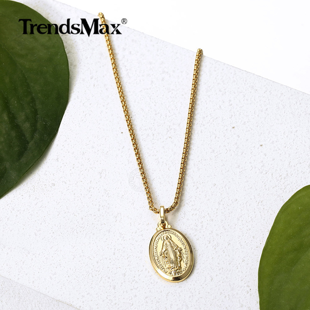 2mm Gold Plated Oval Virgin Mary Charm Pendant Necklace Box Chain Unisex Women