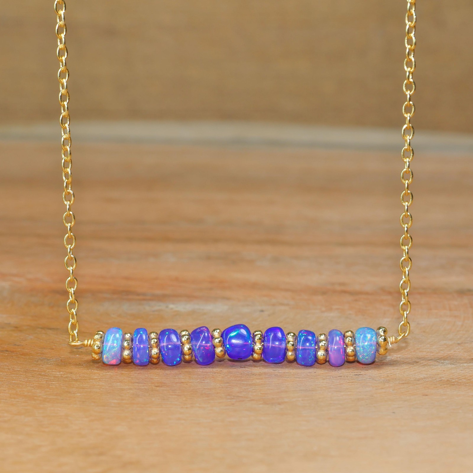 Lavender Fire Opal Bar Necklace, Natural fire Opal Gemstone Gold Chain Necklace