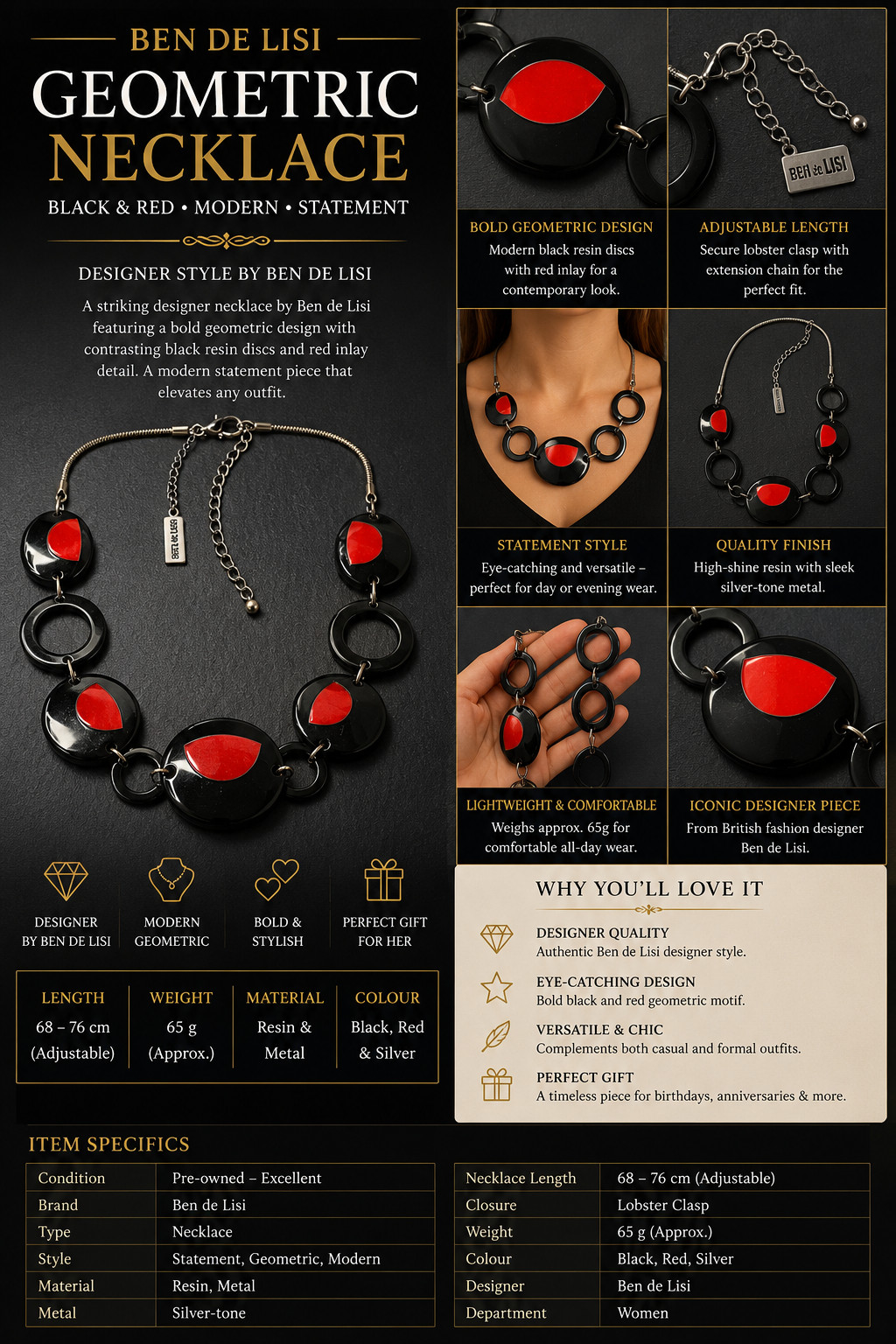 Ben de Lisi Black Red Resin Statement Necklace Geometric Adjustable Designer 68-