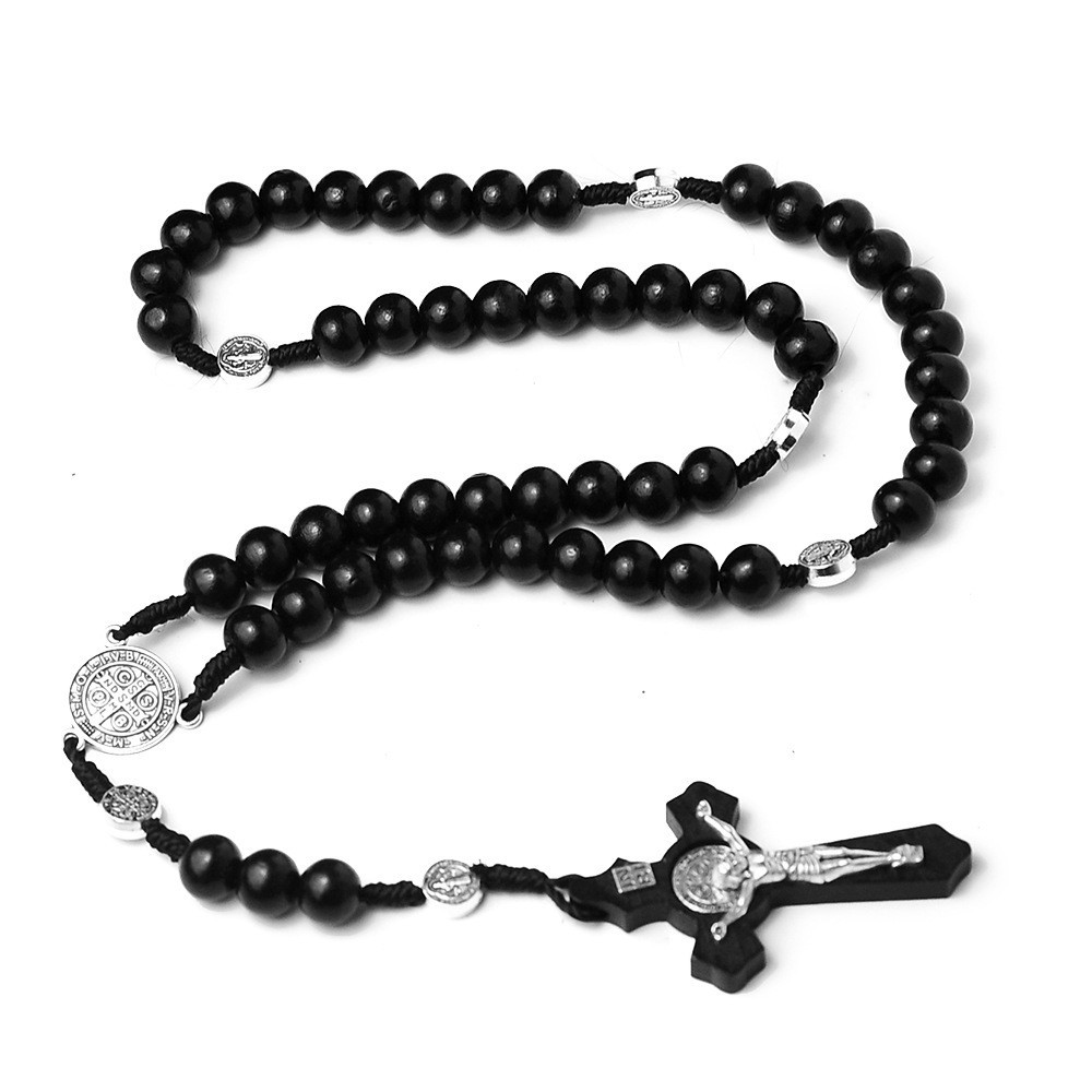 10mm Wood Beads Rosary Cross Necklace for Women Men Christian Virgin Mary Inri P