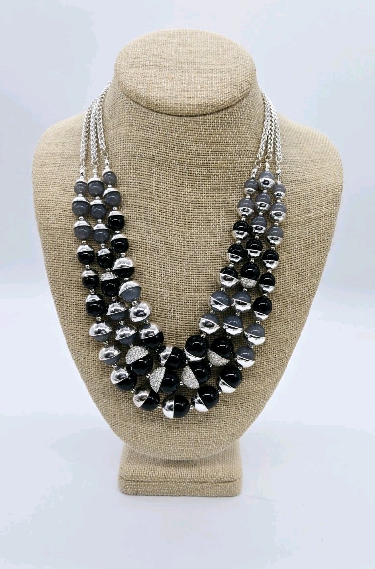 White House Black Market WHBM Necklace Layered Silver Grey Black Graduated Ball