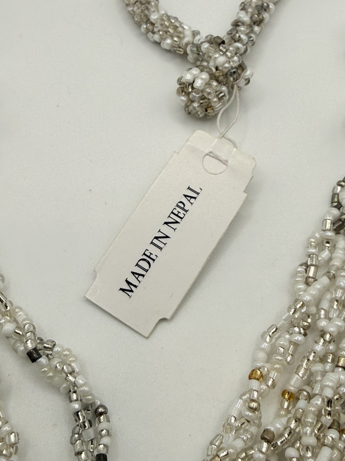 Seed Bead Necklace White Silver Made in Nepal Multi Strand Button Closure 22”