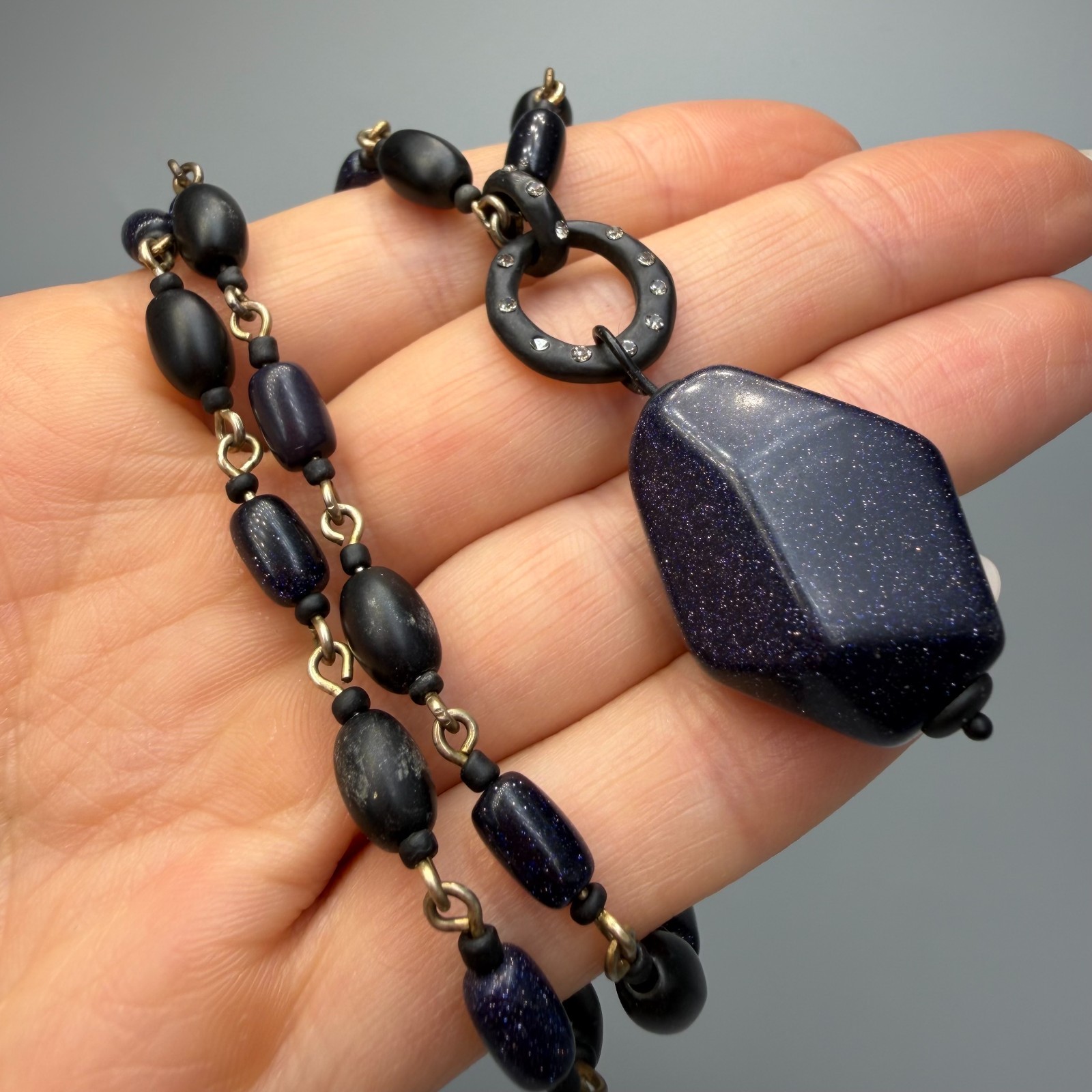 Vintage Black Beaded Pendant Necklace Gold Tone Toggle Clasp 1980s Style 45cm