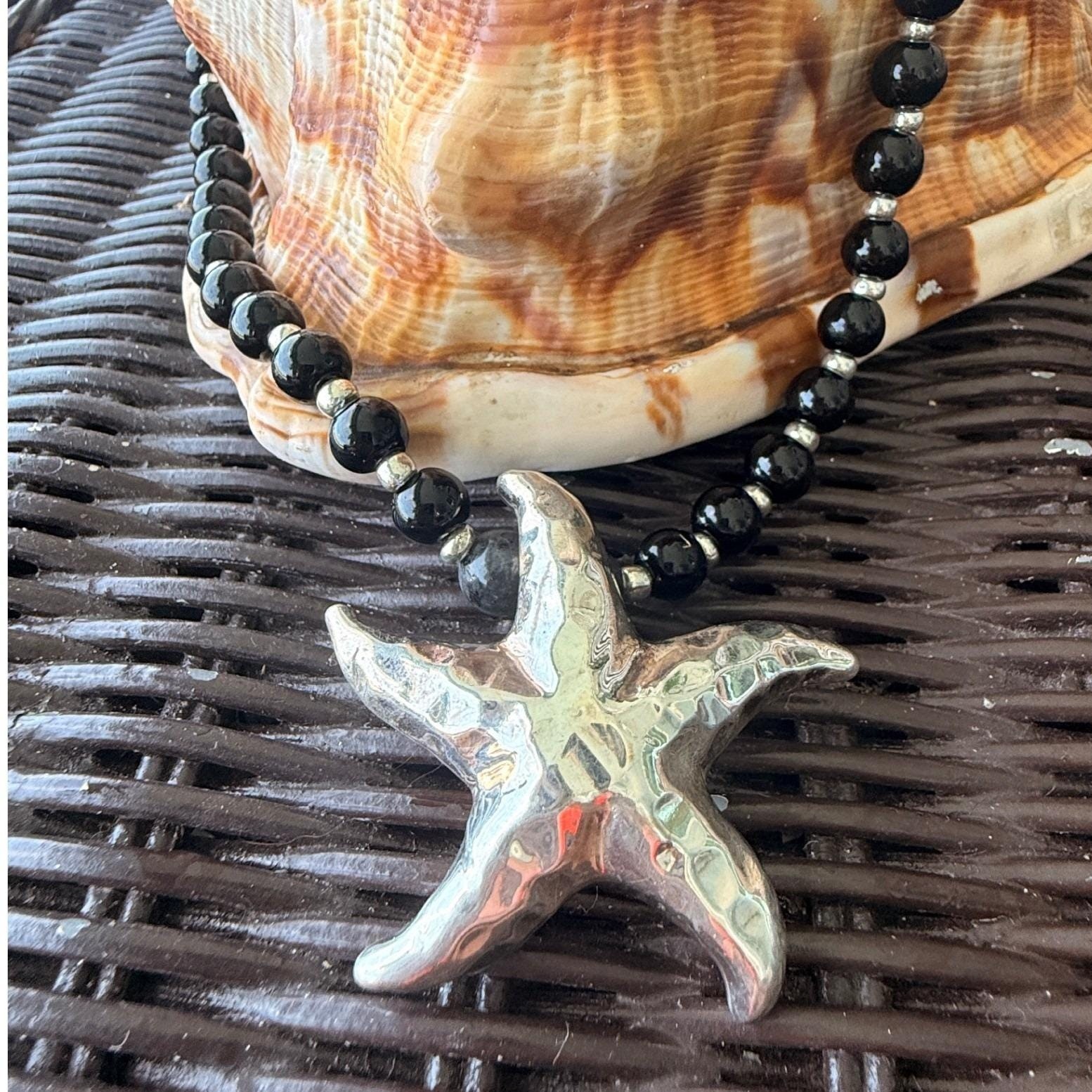 925 Sterling Silver Starfish Pendant Beaded Necklace Coastal Beachcore Resort