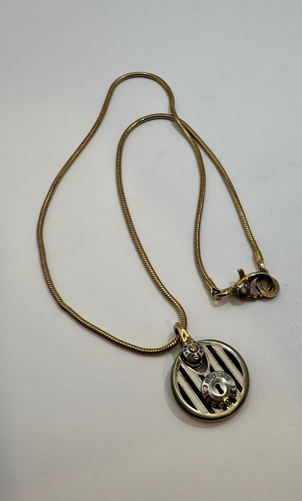 Henri Bendel Lock Pendant Necklace Brown White Stripe Gold Tone Snake Chain