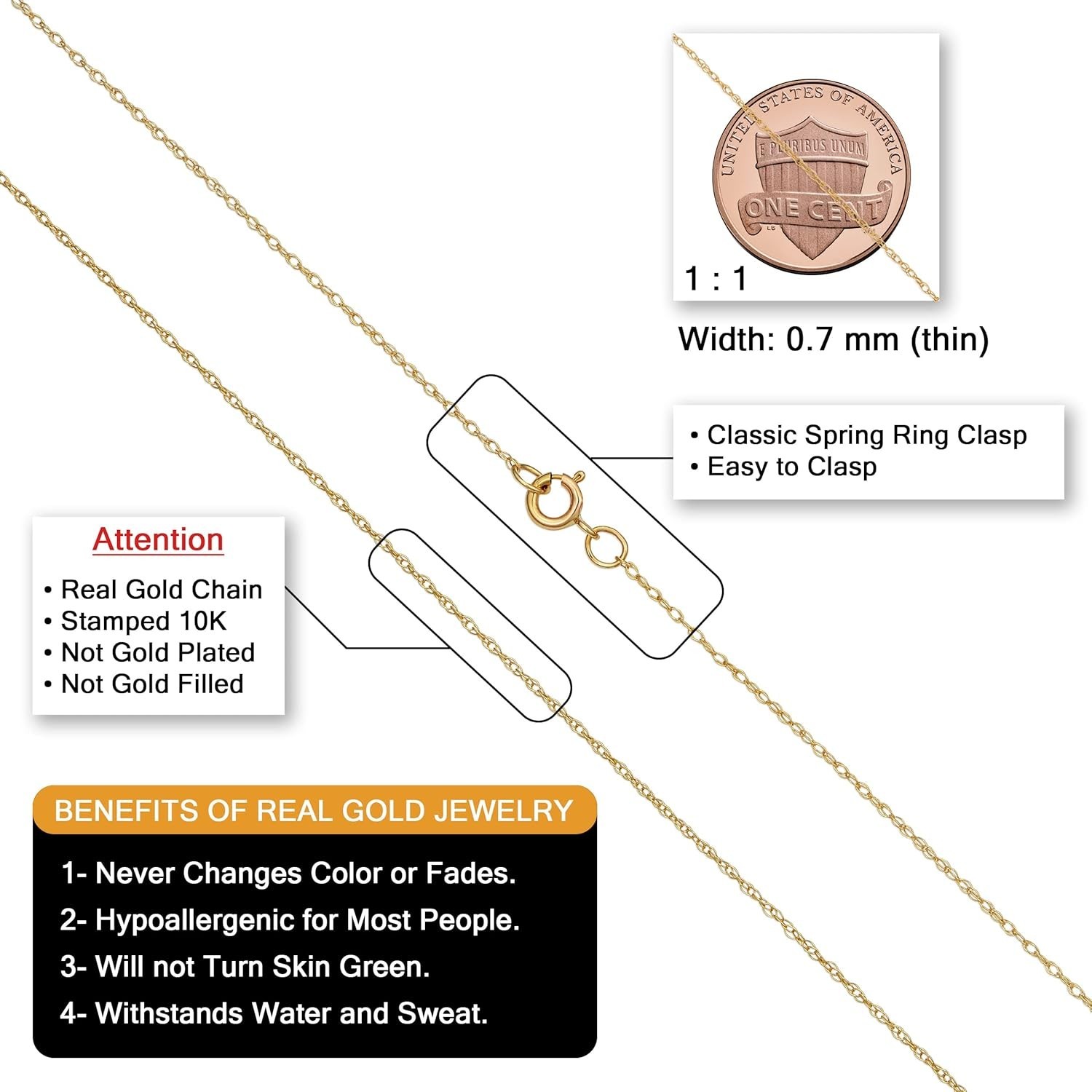 10k Gold Rope Chain Necklace 14 Inch Lightweight Thin Jewelry for Women