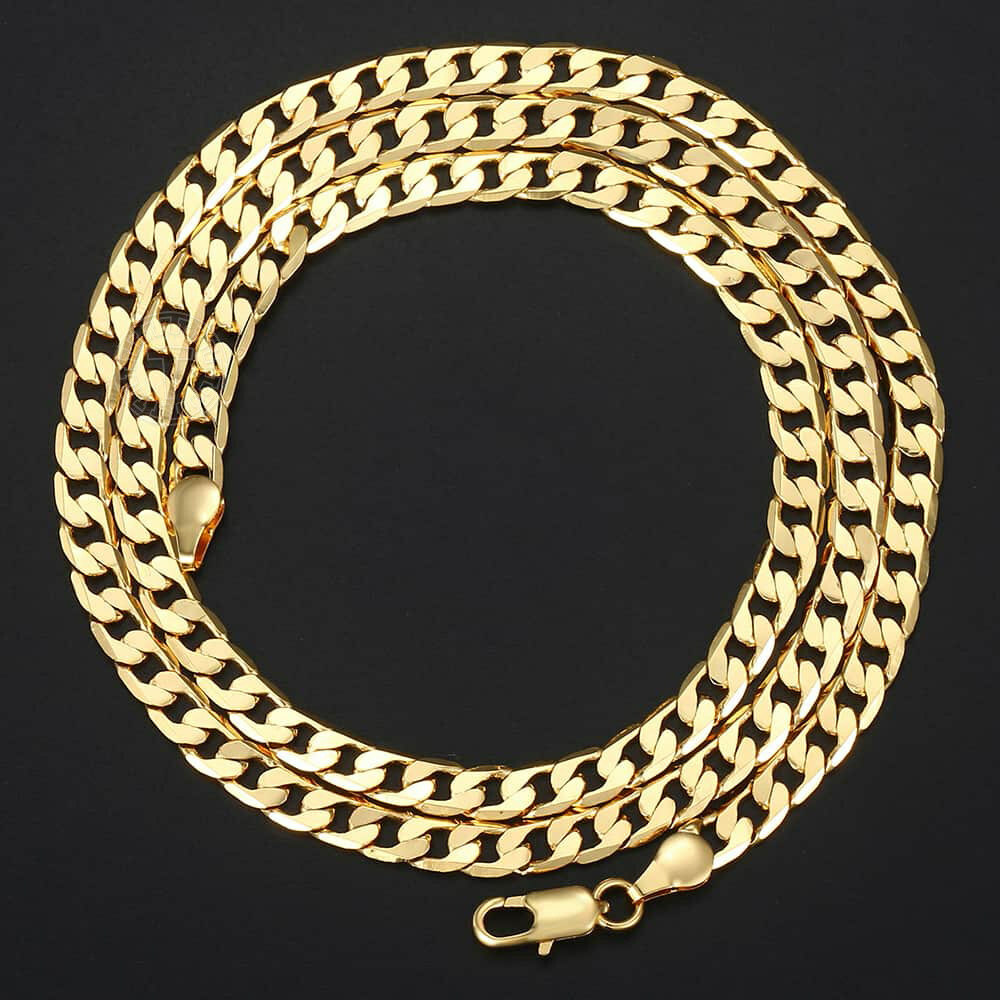 5mm Male/Female Chain Cut Flat Curb Cuban Link Yellow Gold Plated Necklace 18-24