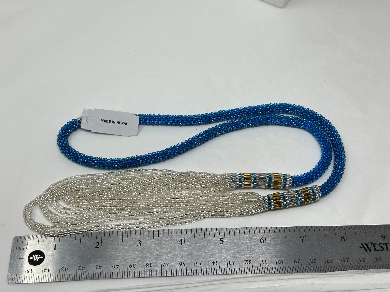 Made in Nepal Himalayan Gems Blue Silver Glass Seed Bead 32″ Necklace