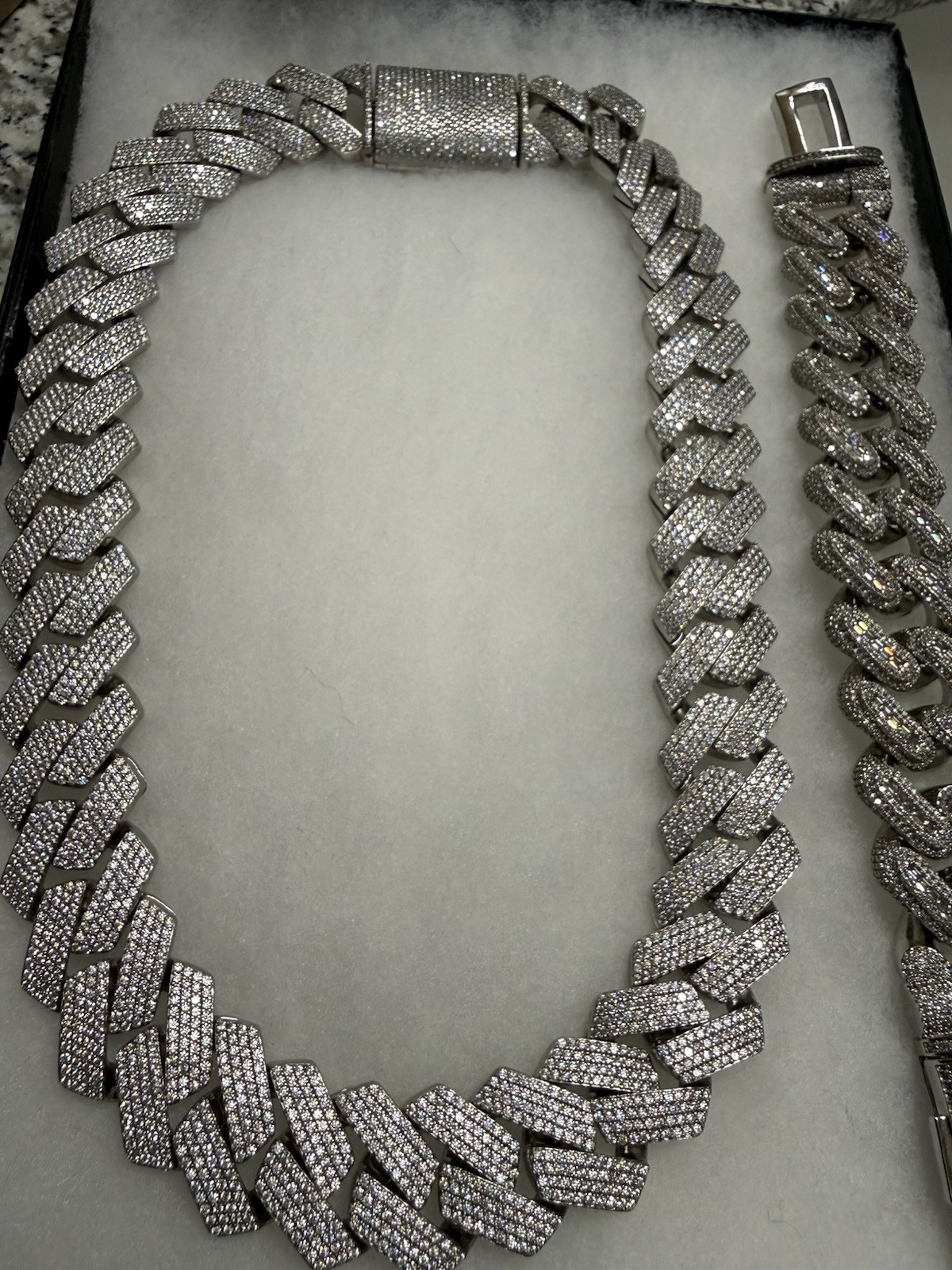 1.3 LB Sterling Silver Cuban Link Chain Necklace Pavé VS Moissenite w Bracelet