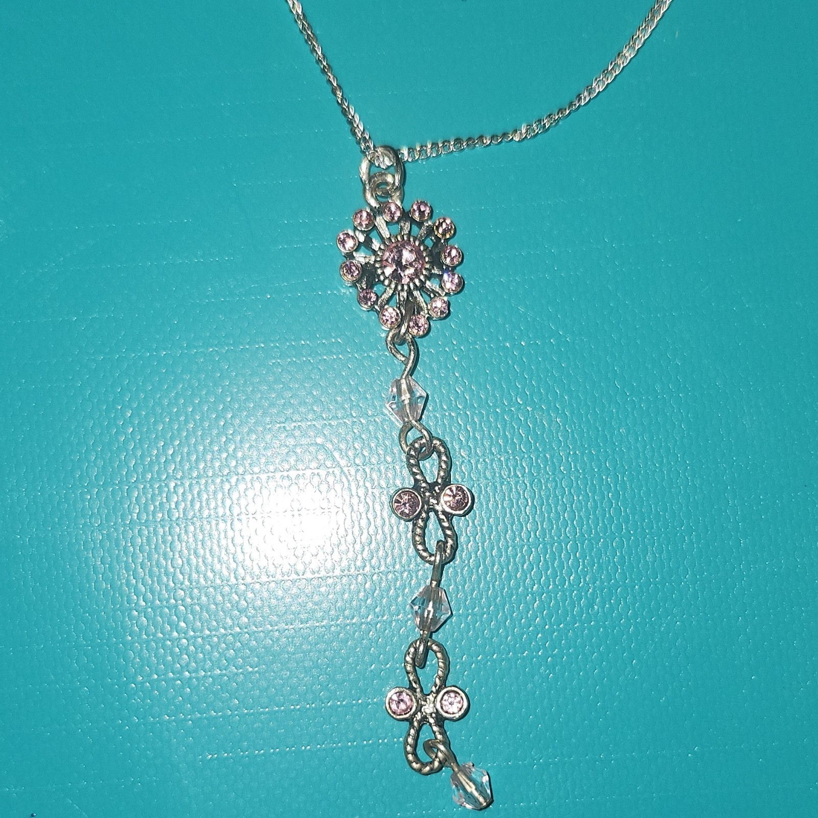 Adult Jewels Silver Tone Y-Drop Necklace, Pink Glass Flower Pendant, Oval Link
