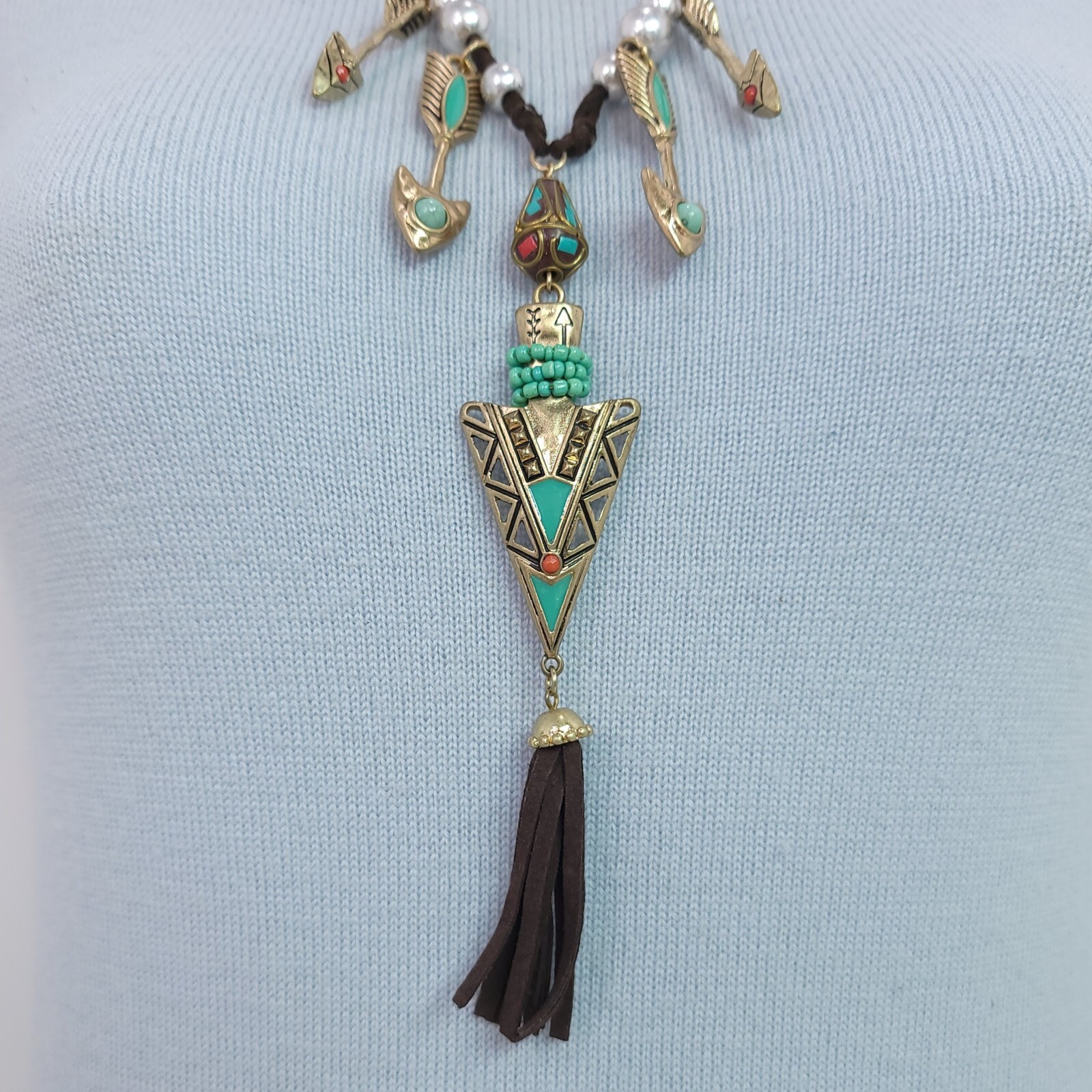 N0299 Arrow or Spear Head Design with Black Faux Leather Tassel Pendant Necklace