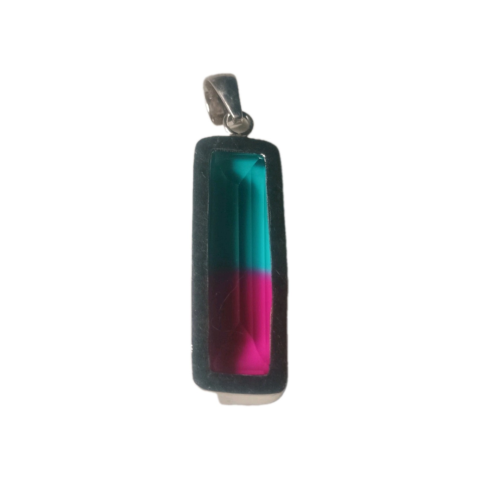 Pendant Tourmaline Bi-Color Gemstone set in Silver Plated Rectangular Shape