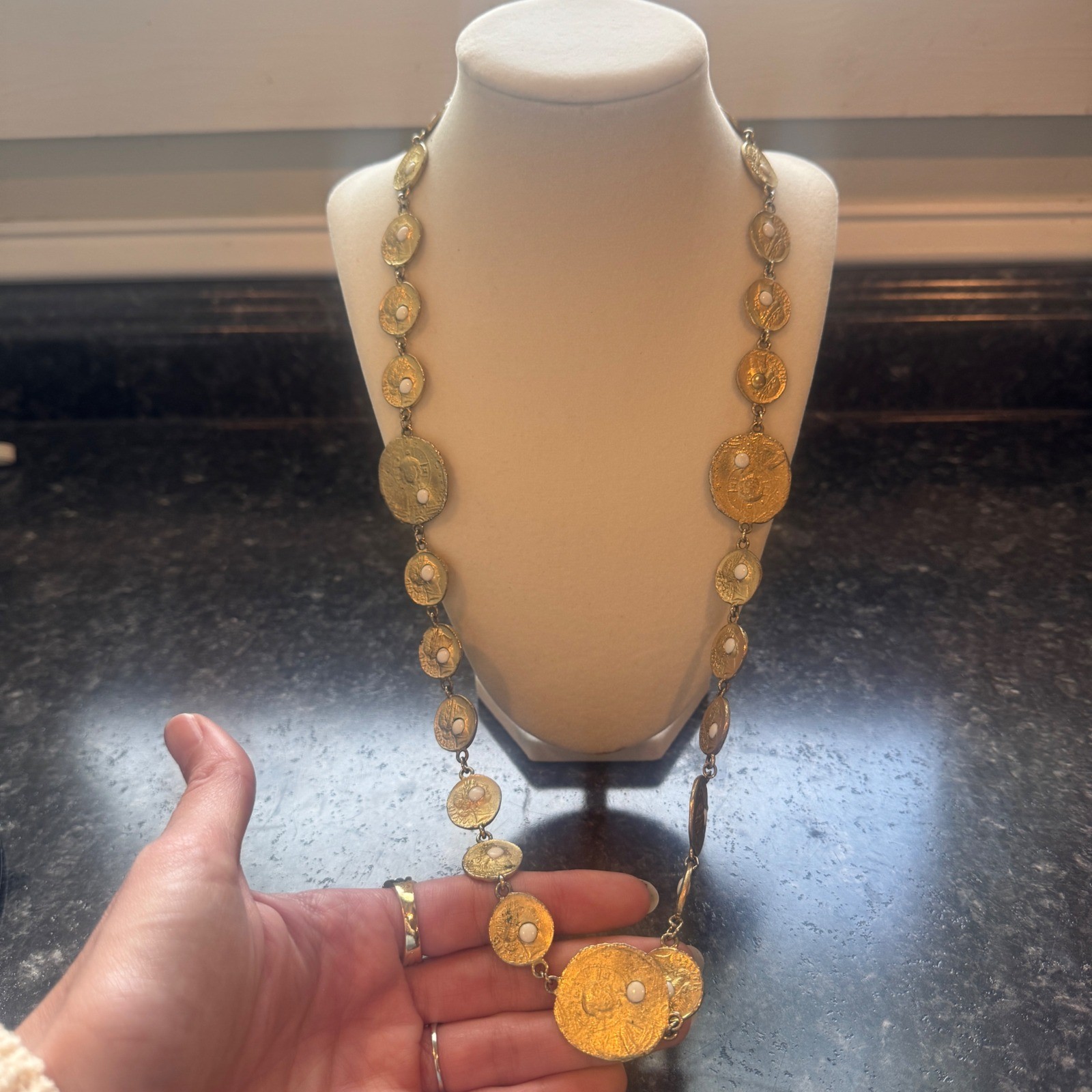Vintage 80s Pauline Rader Gold Greek/Roman Coin Necklace White Cabochon Hammered
