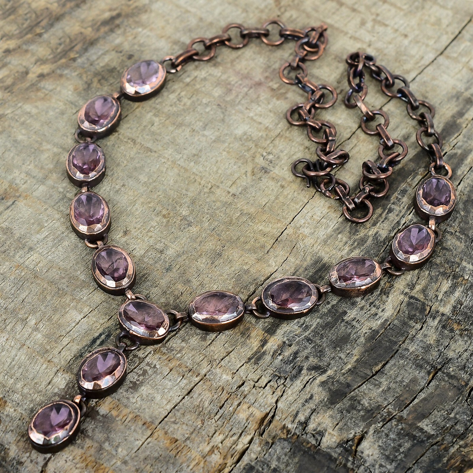Valentines Deal Pink Kunzite Stone Copper Electroformed Chain Necklace Jewelry