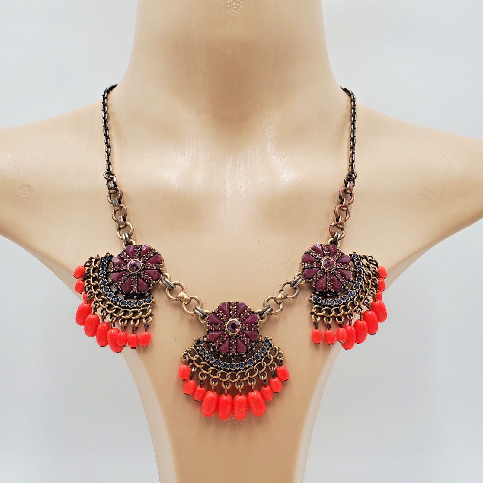 J Crew Necklace 18in +3 Brass Tone Neon Orange Bead Purple Crystals READ Flaw