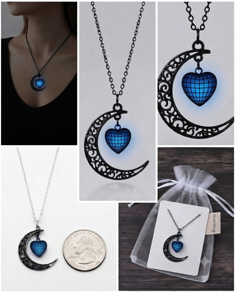 Glow in the Dark Moon and Heart Pendant Necklace – Silver Plated Fashion Jewelry