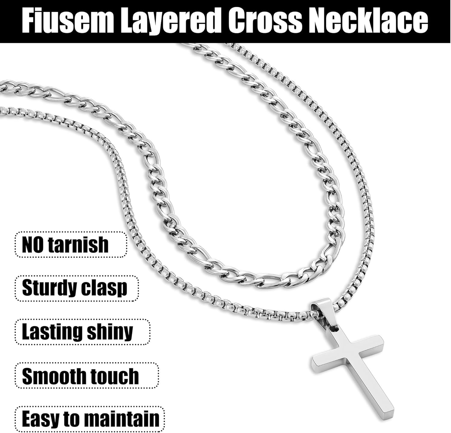 2 Pcs Cross Necklace Chain for Men, Stainless Steel Pendant | Layered Cross Chai