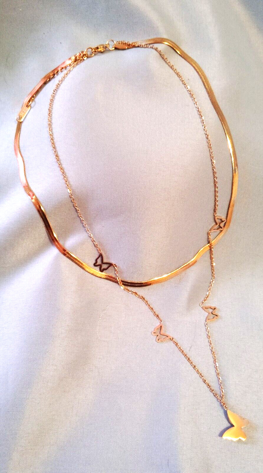 Butterfly Pendant Necklace 16in Herringbone Choker 12in Set Gold Tone New Box