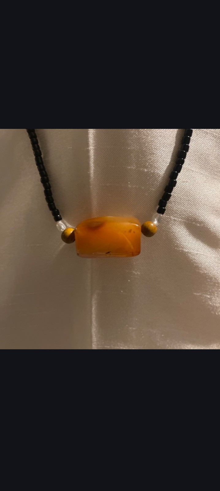 Black Beaded Ball Chain Necklace w/ Orange Rectangle Pendant Charm, Stone Glass