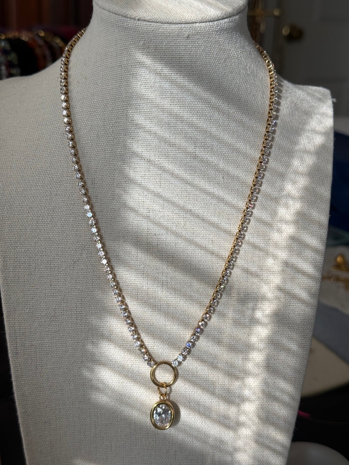 17″ Gold Stainless Steel Tennis Chain Necklace Oval CZ Charm Rhinestone Sparkle