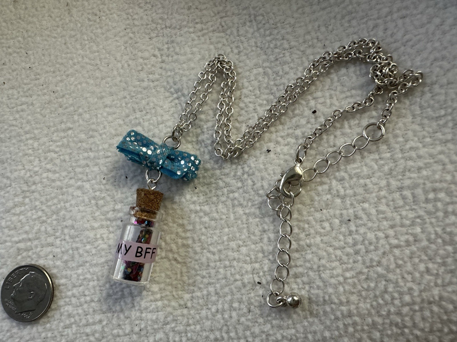 Silver Tone Cable Chain Necklace Adjustable Lobster Glass Bottle Charm “MY BFF”