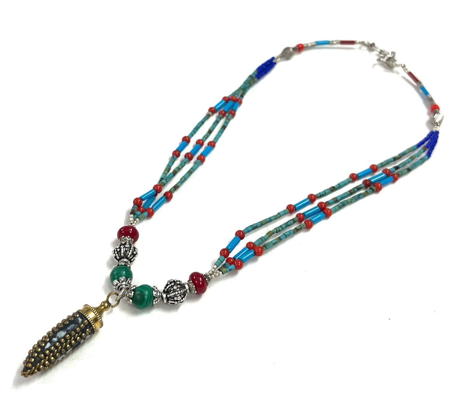 Turquoise Red Coral Gemstone Tibetan Bohemian Necklace Jewelry, 17 inch Adju