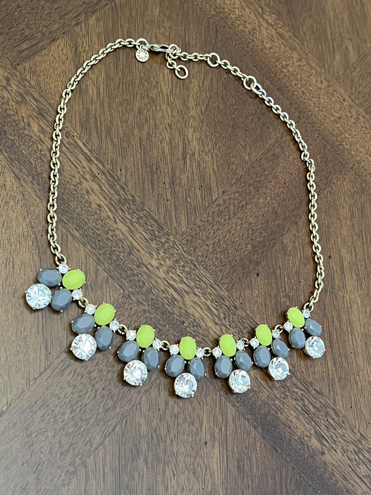 J. Crew Lime Green & Gray Rhinestone Fashion Statement Necklace Gold Tone Nice!