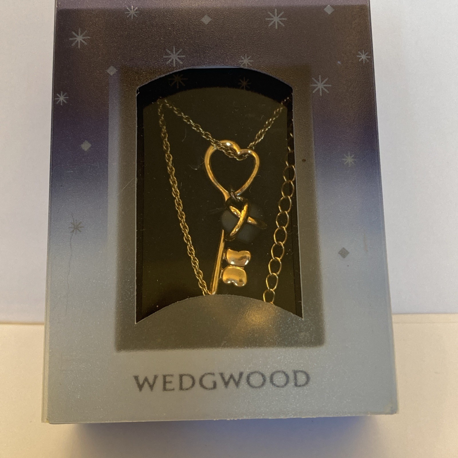 Wedgwood Gold Tone Necklace Key and Black Heart Original box 16in/40cm