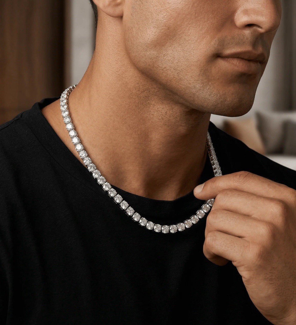 Moissanite Tennis Necklace Silver Tone Box Clasp Round White/Colorless Stones